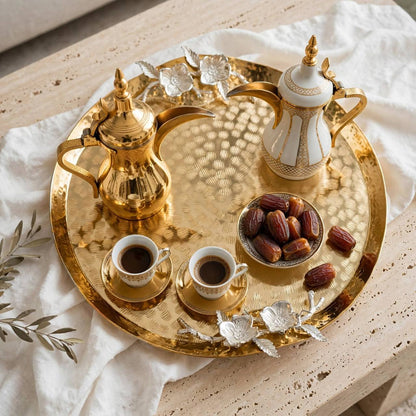 Turkish Gilded Round Serving Tray with Hammered Texture & Sculpted Silver Blossom Handles – 38 × 36 cm