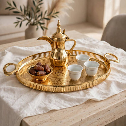 Royal Gilded Oval Serving Platter with Arabesque Laser Engraving & Pierced Gallery Rim – 47 × 30 cm
