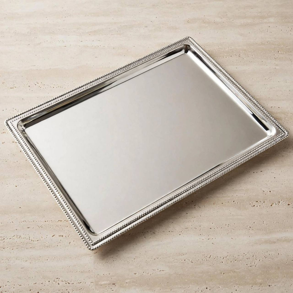 Classic All-Silver Stainless Steel Rectangular Serving Tray with Beaded Pearl Rim – 50 × 35 cm