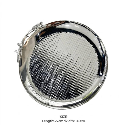 Artisanal All-Silver Round Stainless Steel Serving Platter with Hammered Center & Sculpted Wheat Sheaf Accent – 27 × 26 cm