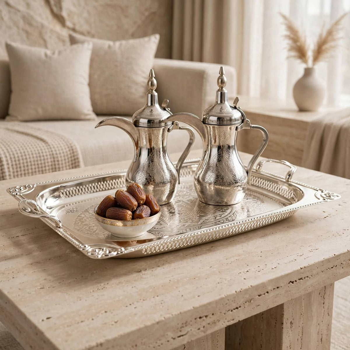 Grand All-Silver Baroque Stainless Steel Serving Platter with Arabesque Etching & Pierced Gallery Rim – 62 × 40 cm
