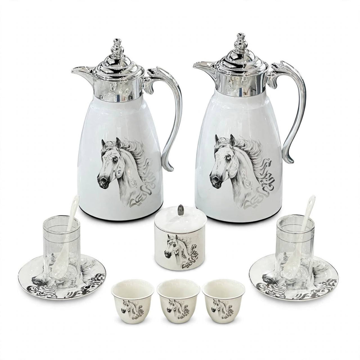 Royal Arabian Stallion 27-Piece Tea & Coffee Hospitality Set with Mirror Chrome Accents & Dual Thermal Carafes
