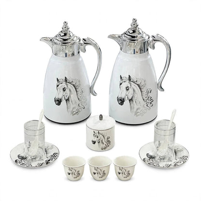 Royal Arabian Stallion 27-Piece Tea & Coffee Hospitality Set with Mirror Chrome Accents & Dual Thermal Carafes