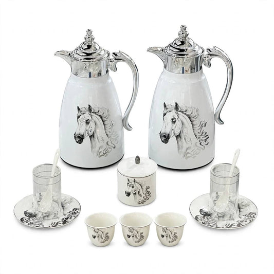 Royal Arabian Stallion 27-Piece Tea & Coffee Hospitality Set with Mirror Chrome Accents & Dual Thermal Carafes