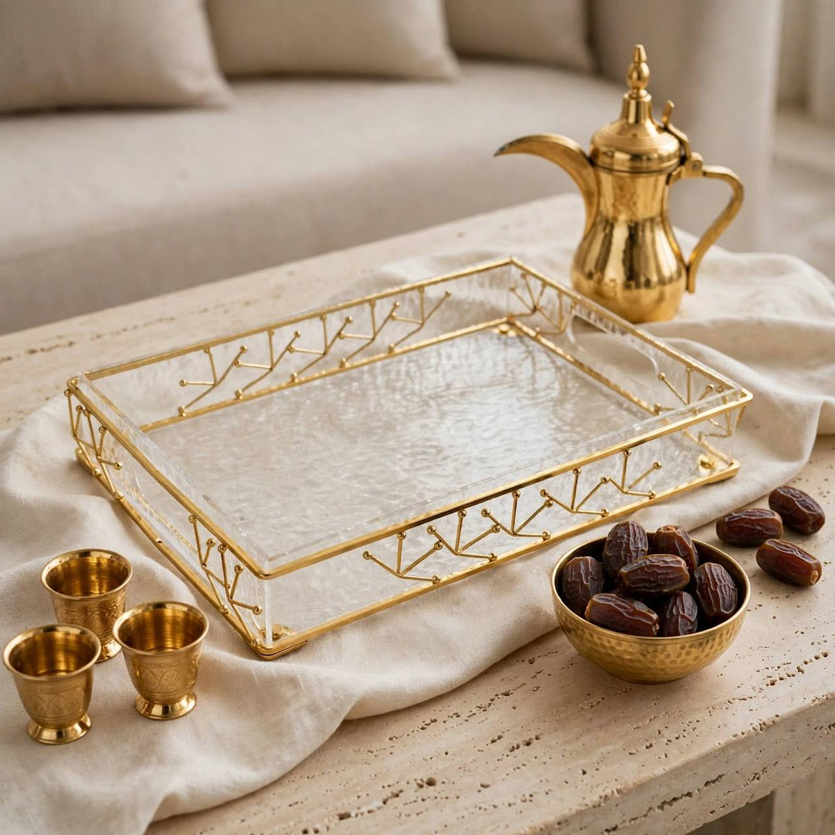 Modern Water-Ripple Acrylic Serving Tray with Geometric Gilded Metal Gallery & Cutout Handles – 35 × 25 cm - Mawaeen