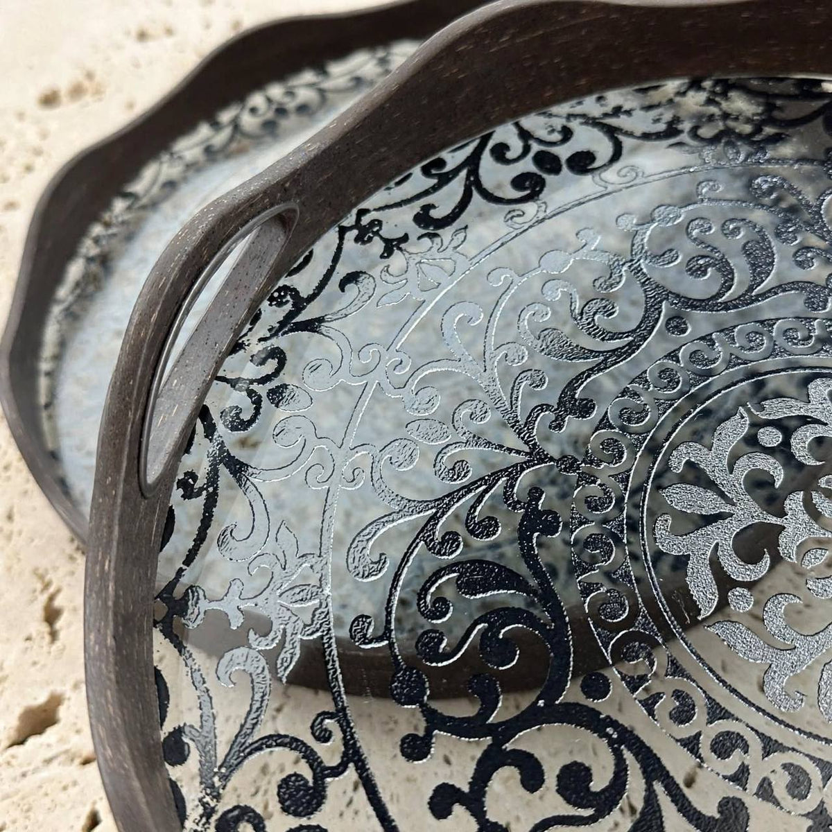 Antique 2-Piece Arabesque Serving Platter Set with Organic Wavy Rim & Handcrafted Finish
