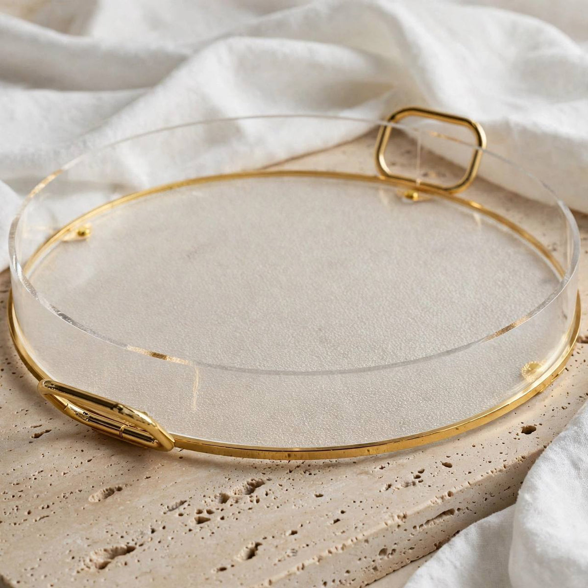 Luxury Round Clear Acrylic Serving Platter with Gilded Frame & Loop Handles – 44 × 36 cm