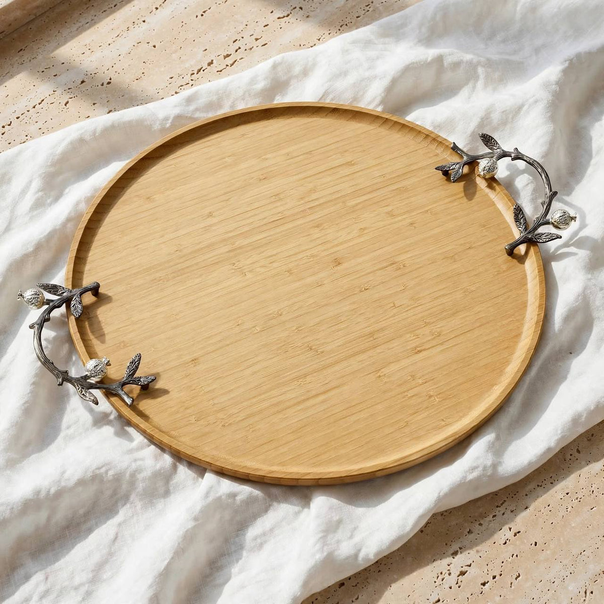 Round Natural Wood Serving Platter with Silver Pomegranate Branch Handles – 58 × 50 cm