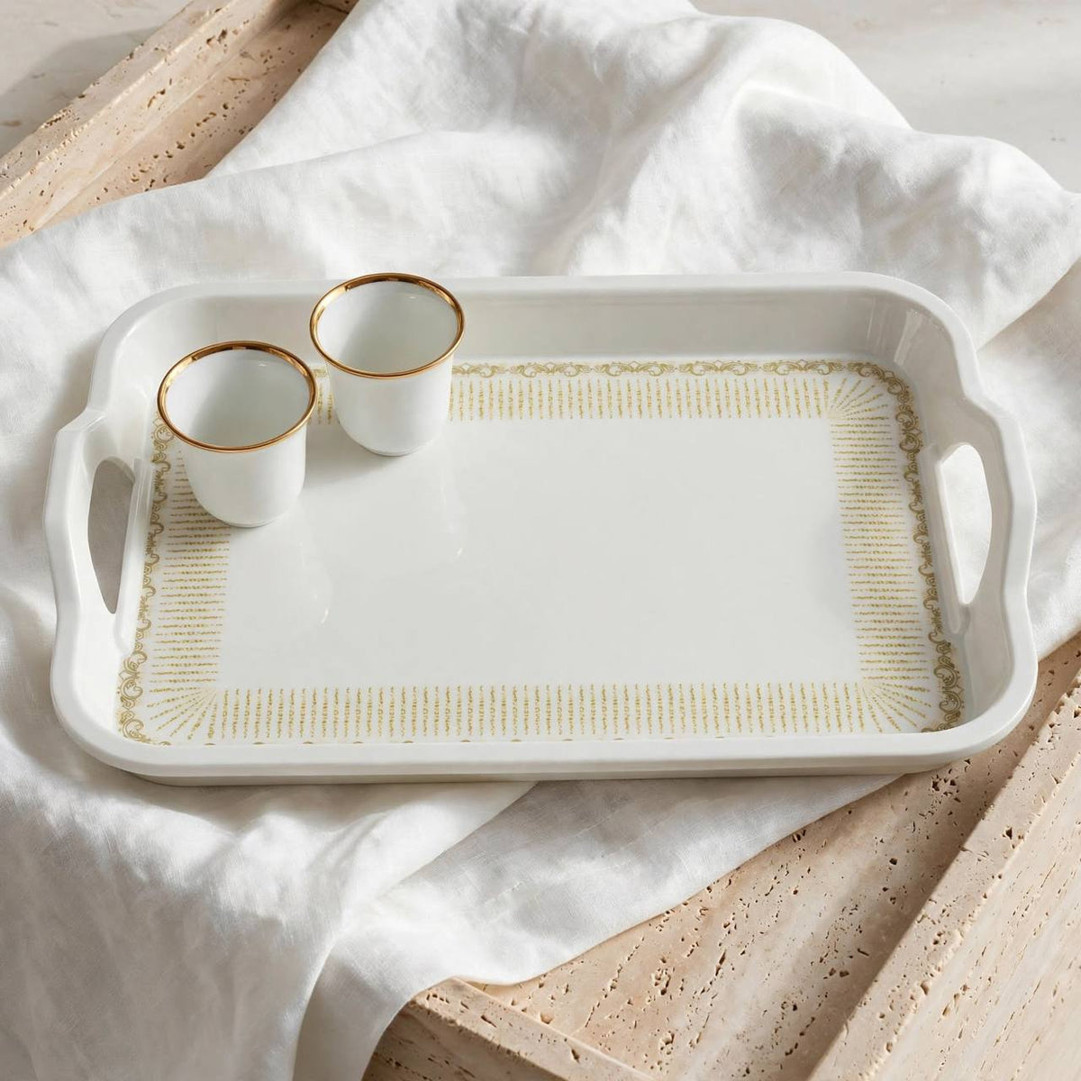 White & Gold Rectangular Serving Tray with Handles – 45x33 cm - M