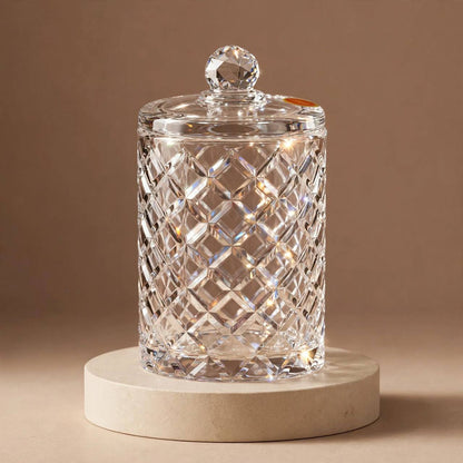Tall Diamond Cut Glass Candy Jar with Lid – 20x10cm - Mawaeen