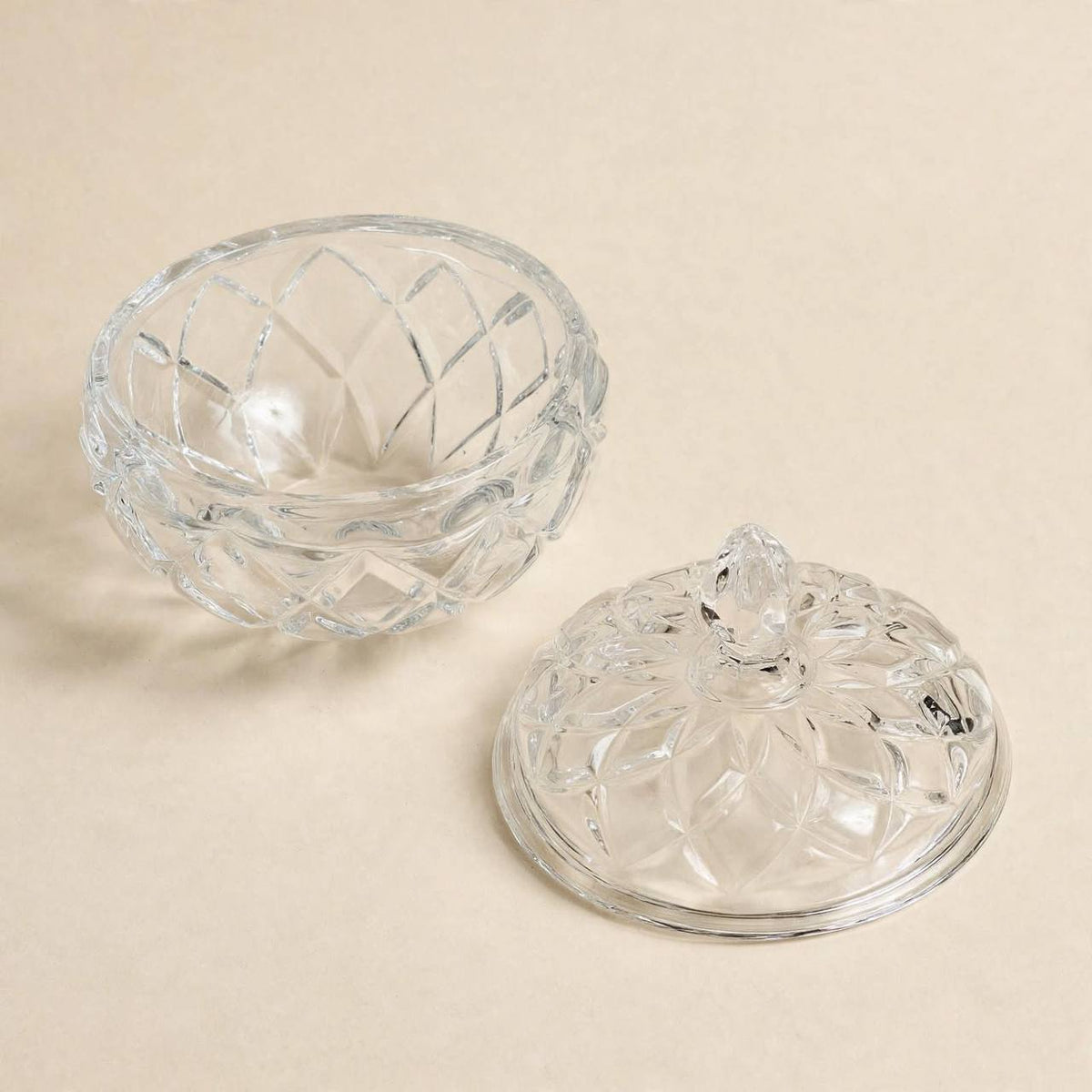 Round Faceted Crystal Glass Sugar & Candy Bowl with Lid – 12x11cm