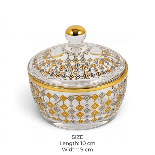 Gold & Silver Geometric Patterned Glass Sugar Bowl with Lid – 10x9cm