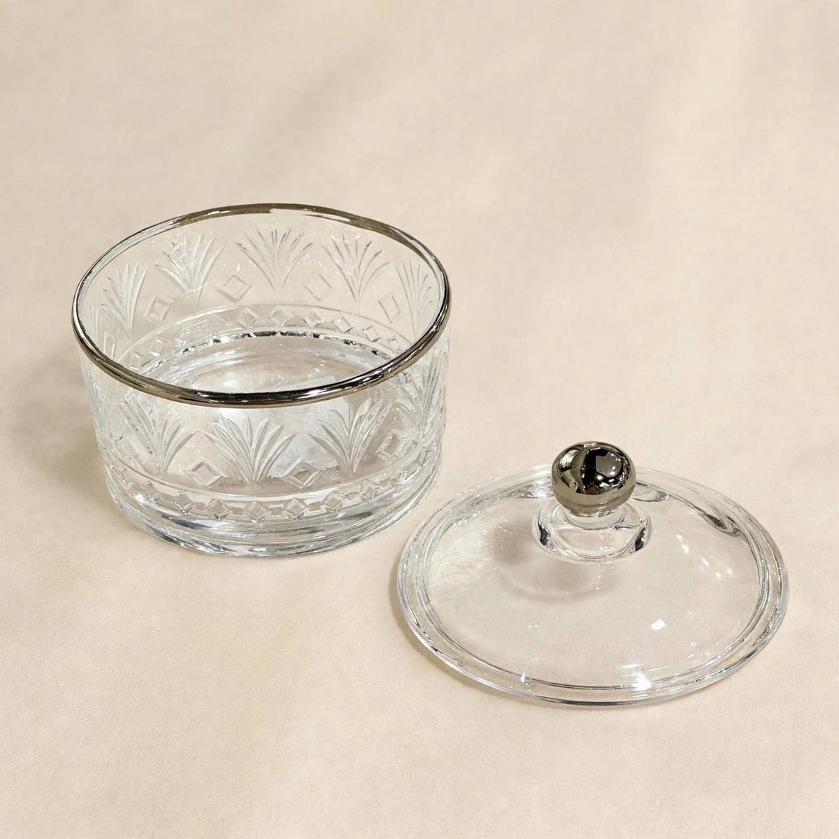 Silver Rim Cut Crystal Glass Sugar Bowl with Lid – 10x9cm