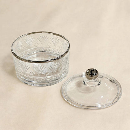 Silver Rim Cut Crystal Glass Sugar Bowl with Lid – 10x9cm