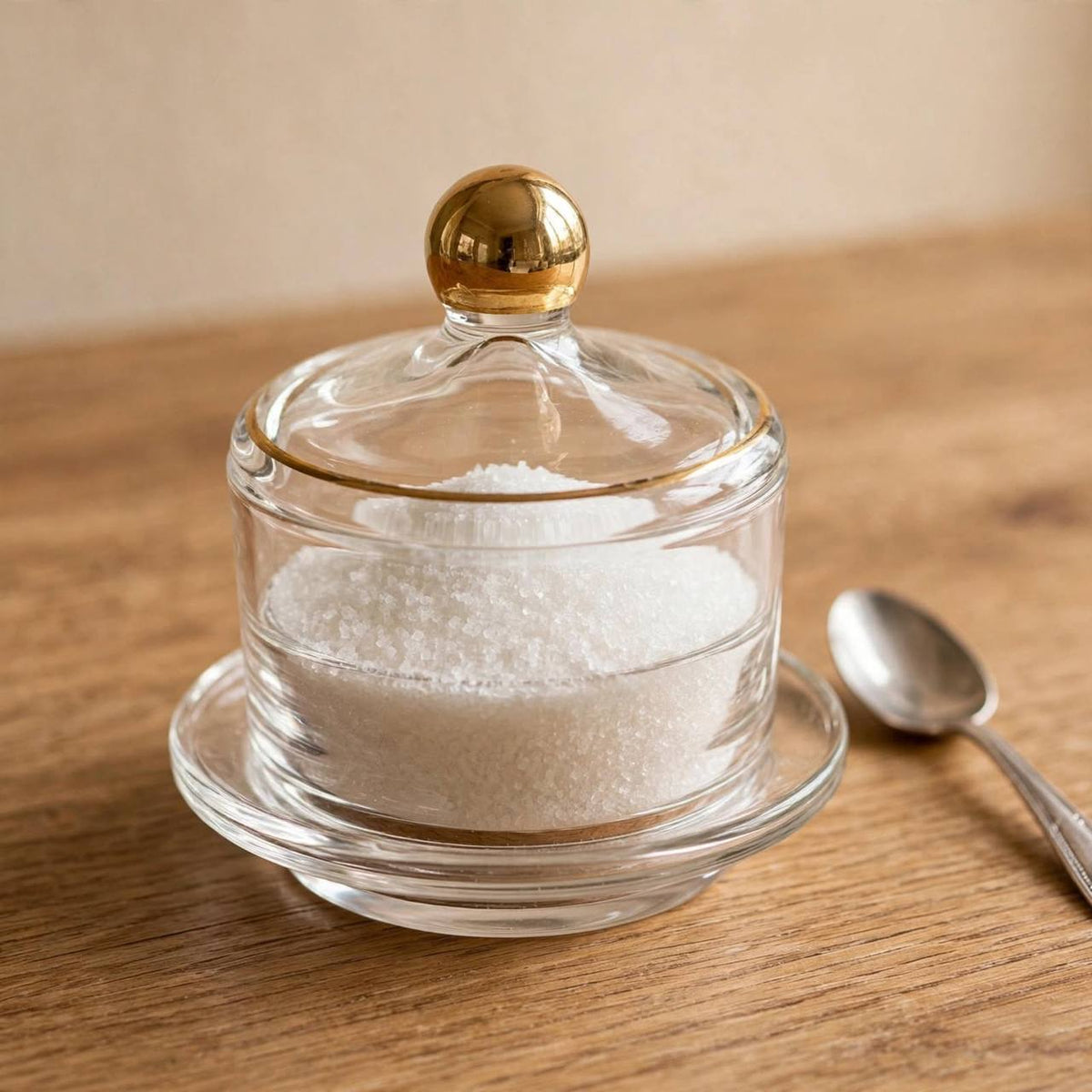 Gold Trim Glass Cloche Sugar Bowl with Saucer – 10x9cm