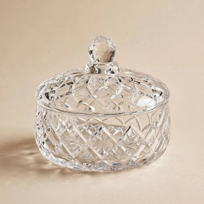 Diamond Cut Crystal Glass Sugar & Treat Bowl with Lid – 10x11cm