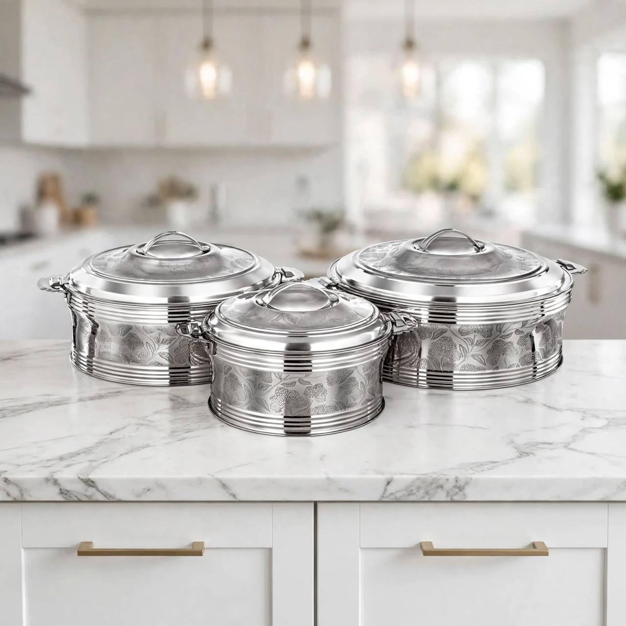 Al Marjan 3-Piece Floral Etched Thermal Hotpot Serving Set in Silver (2.5L, 4.8L, 6L)