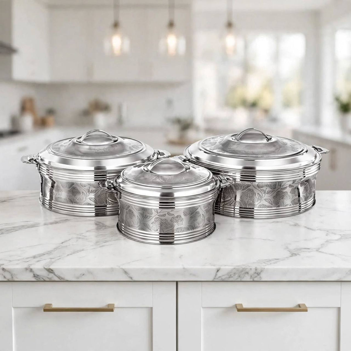 Al Marjan 3-Piece Floral Etched Thermal Hotpot Serving Set in Silver (2.5L, 4.8L, 6L)