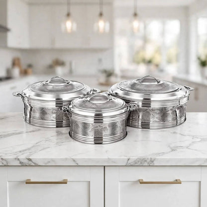 Al Marjan 3-Piece Floral Etched Thermal Hotpot Serving Set in Silver (2.5L, 4.8L, 6L)