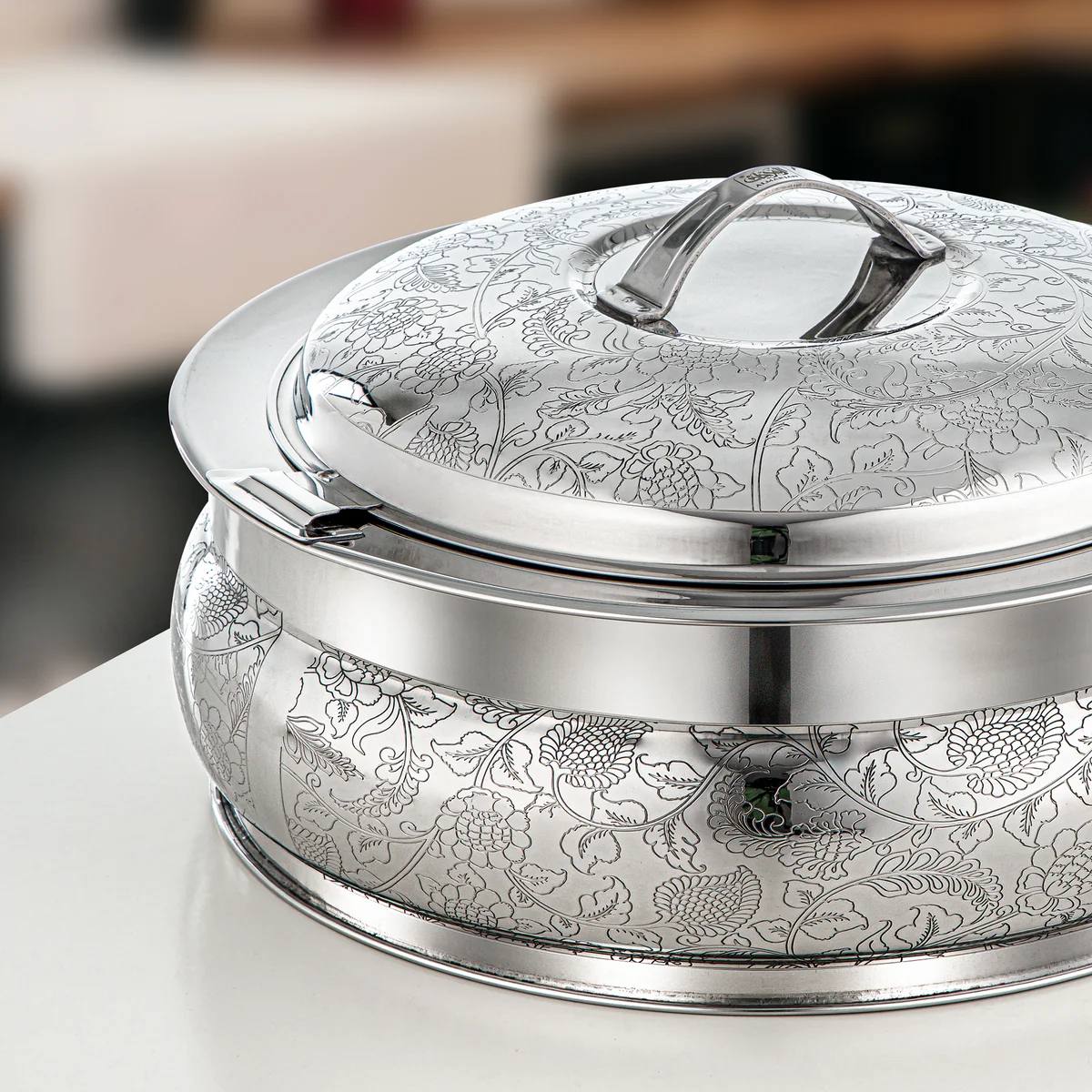 Al Marjan 3-Piece Deluxe Floral Etched Hotpot Serving Set in Silver (2.5L, 4.8L, 6L)
