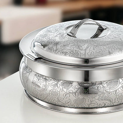 Al Marjan 3-Piece Deluxe Floral Etched Hotpot Serving Set in Silver (2.5L, 4.8L, 6L)