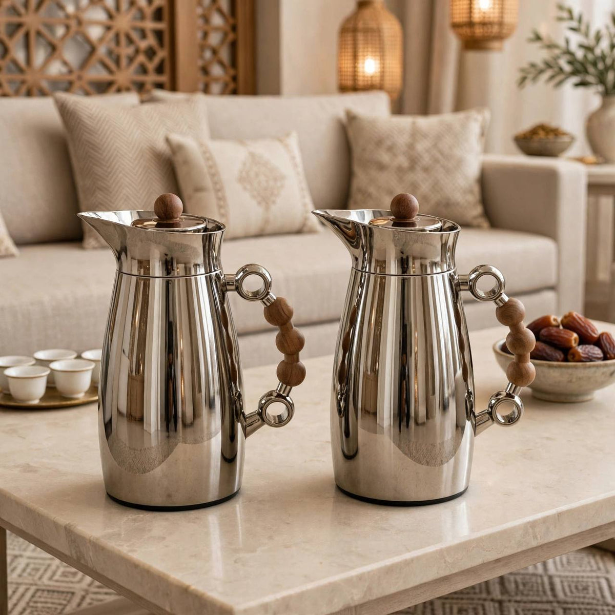 MAHRA Chrome & Wood-Accented 2-Piece Thermal Coffee & Tea Dallah Set (1L + 1L)