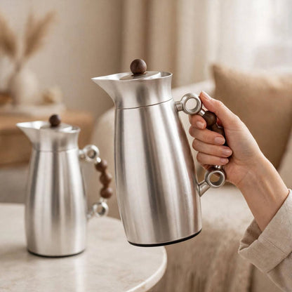 MAHRA Matt Silver & Wood 2-Piece Thermal Coffee & Tea Dallah Set (1L + 1L)