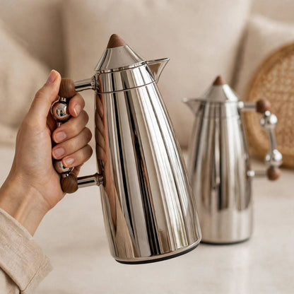 MAHRA Chrome & Wood 2-Piece Thermal Coffee & Tea Dallah Set (1L + 1L)