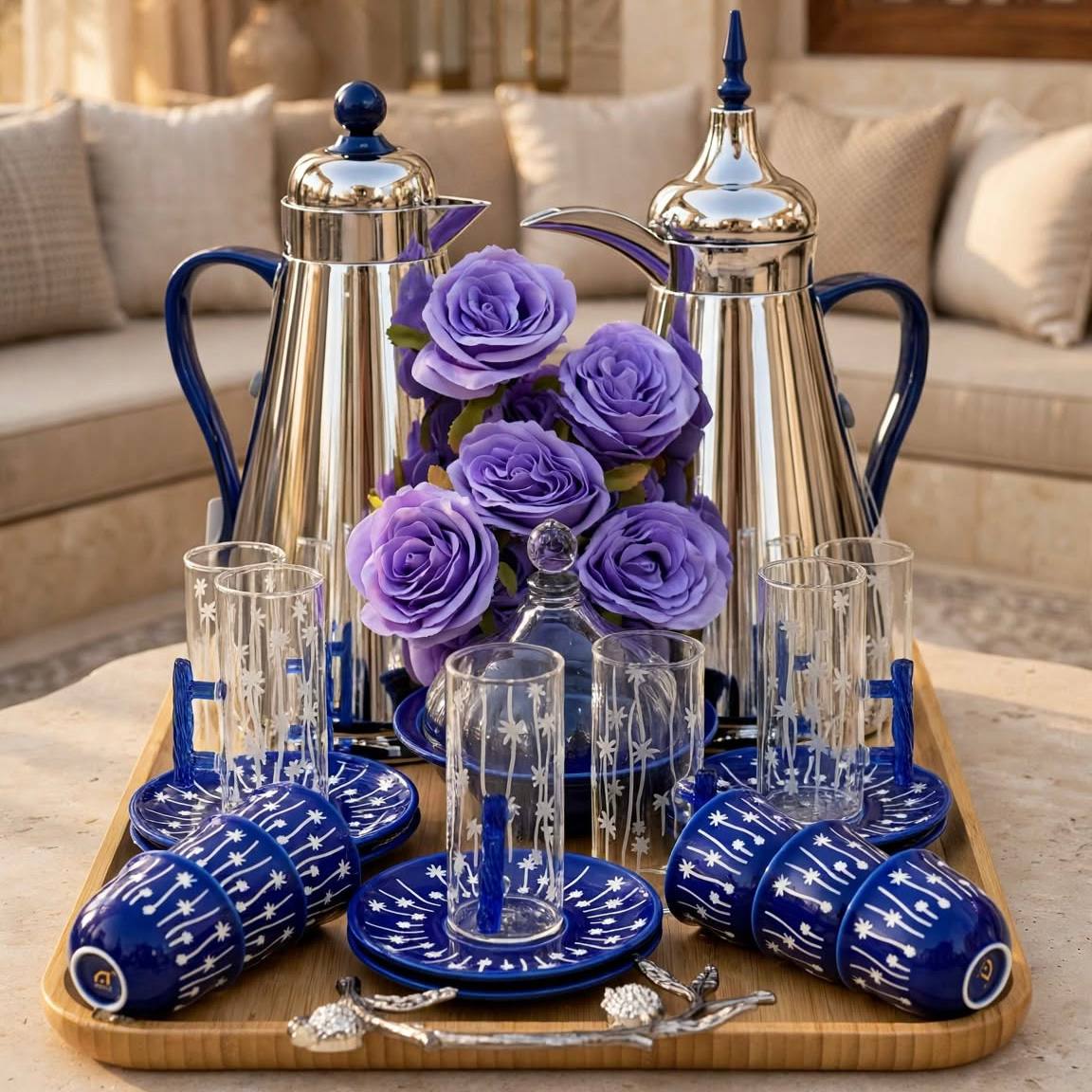 Royal Tea & Coffee Hospitality Gift Set – Dual Silver & Cobalt Blue Flasks, 6 Cawa Cups, 6 Tea Glasses with Saucers, Carved Bamboo Tray & Floral Accent