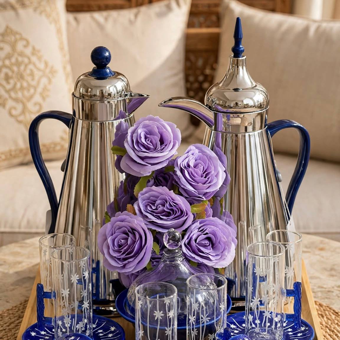 Royal Tea & Coffee Hospitality Gift Set – Dual Silver & Cobalt Blue Flasks, 6 Cawa Cups, 6 Tea Glasses with Saucers, Carved Bamboo Tray & Floral Accent