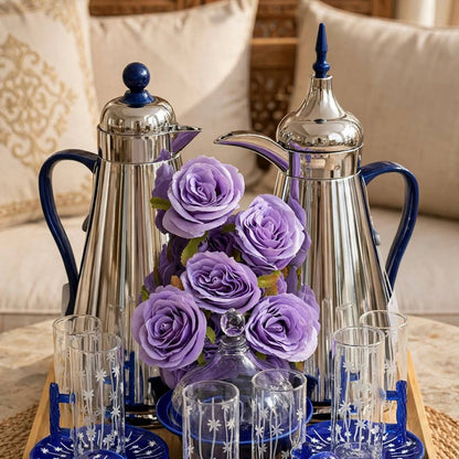 Royal Tea & Coffee Hospitality Gift Set – Dual Silver & Cobalt Blue Flasks, 6 Cawa Cups, 6 Tea Glasses with Saucers, Carved Bamboo Tray & Floral Accent