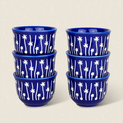 Royal Tea & Coffee Hospitality Gift Set – Dual Silver & Cobalt Blue Flasks, 6 Cawa Cups, 6 Tea Glasses with Saucers, Carved Bamboo Tray & Floral Accent