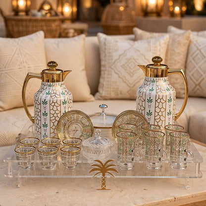 Heritage Gold & Palm Motif Tea & Coffee Hospitality Set with Custom Palm-Leg Acrylic Tray, Covered Date Bowl & Crystal Sugar Pot