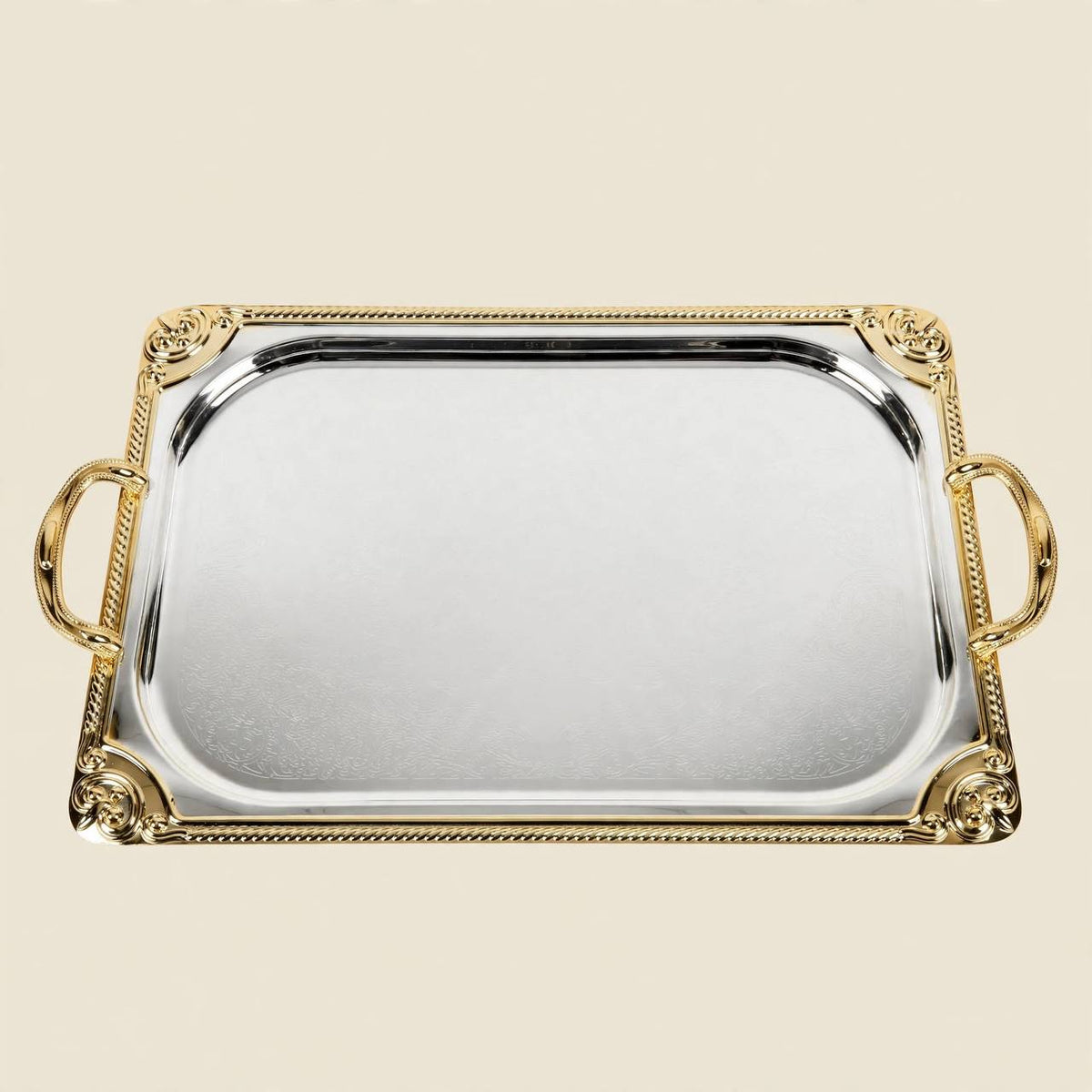 Royal Dual-Tone Chrome & Gold Tea and Coffee Hospitality Set with Gilded Palm Glassware, Baroque Tray & Crimson Bouquet