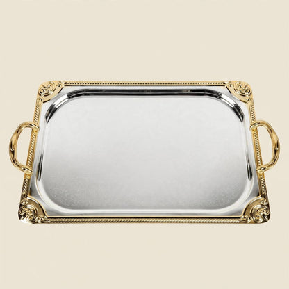 Royal Dual-Tone Chrome & Gold Tea and Coffee Hospitality Set with Gilded Palm Glassware, Baroque Tray & Crimson Bouquet