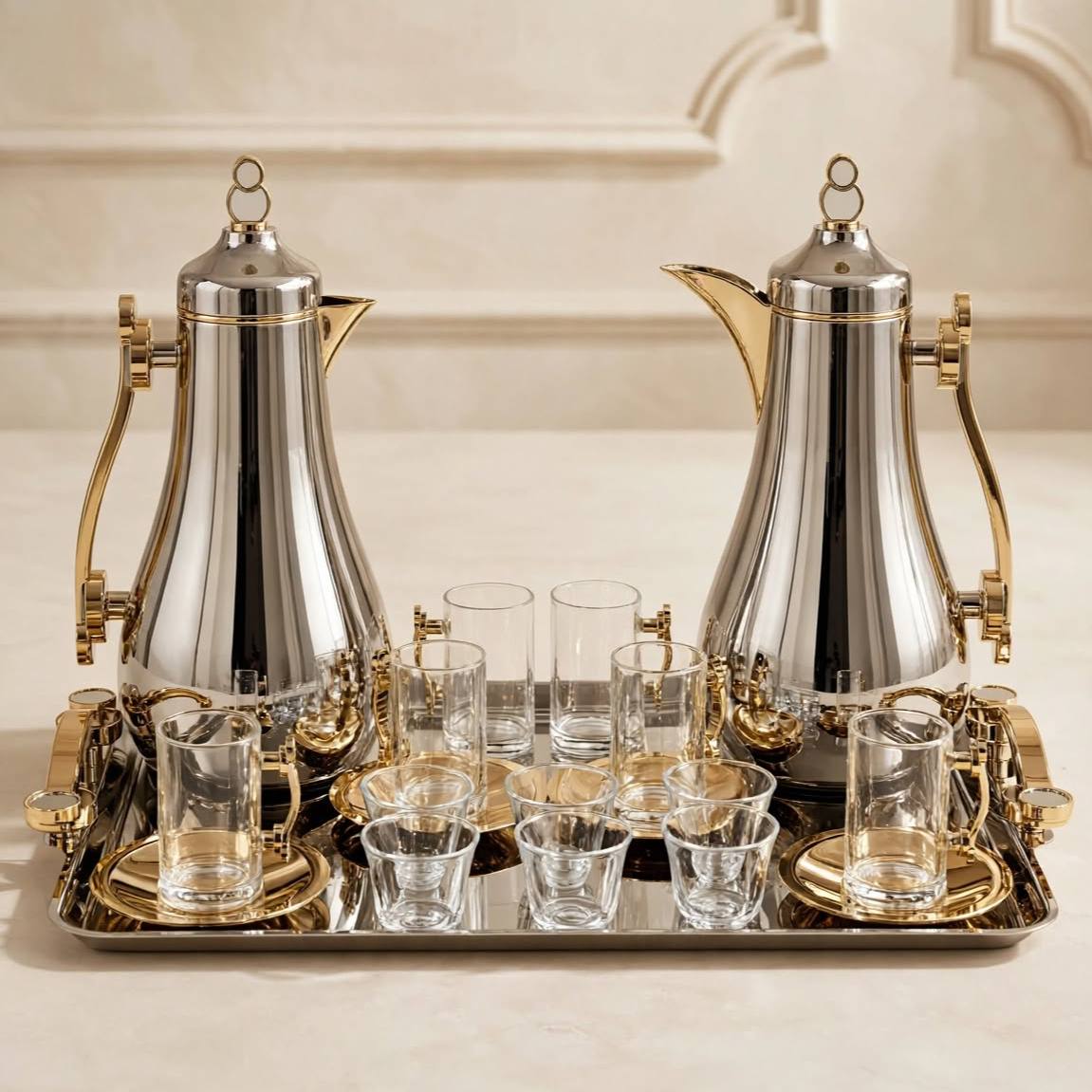 Mahra Silver & Gold Tea & Coffee Hospitality Set – 1.0L & 1.0L Thermal Carafes with 6 Handled Tea Glasses, Saucers, Cawa Cups & Serving Tray