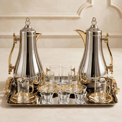 Mahra Silver & Gold Tea & Coffee Hospitality Set – 1.0L & 1.0L Thermal Carafes with 6 Handled Tea Glasses, Saucers, Cawa Cups & Serving Tray