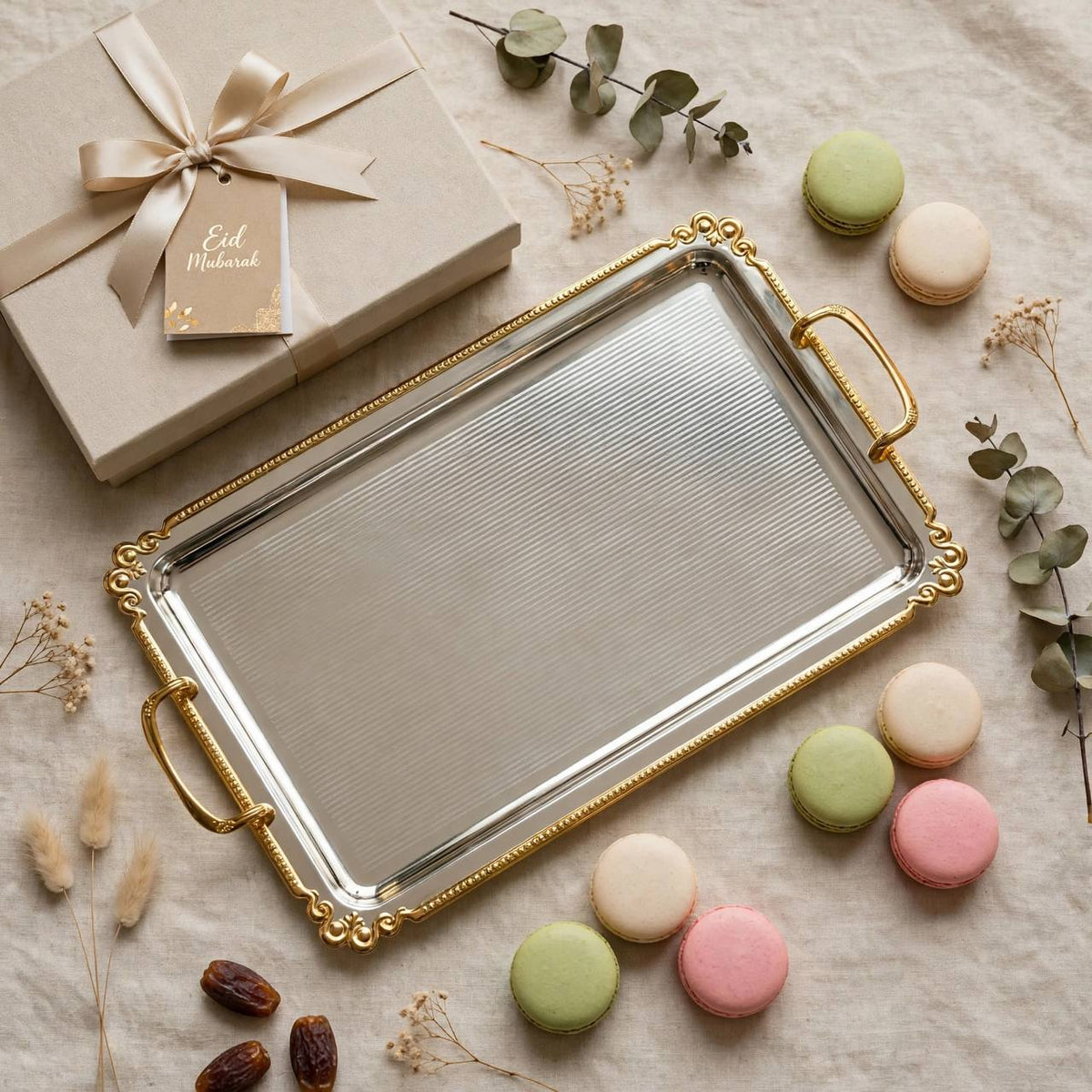 Royal Fluted Stainless Steel Serving Tray with Gilded Baroque Rim & Handles – 55 × 32 cm
