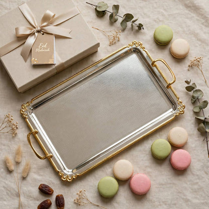 Royal Fluted Stainless Steel Serving Tray with Gilded Baroque Rim & Handles – 55 × 32 cm