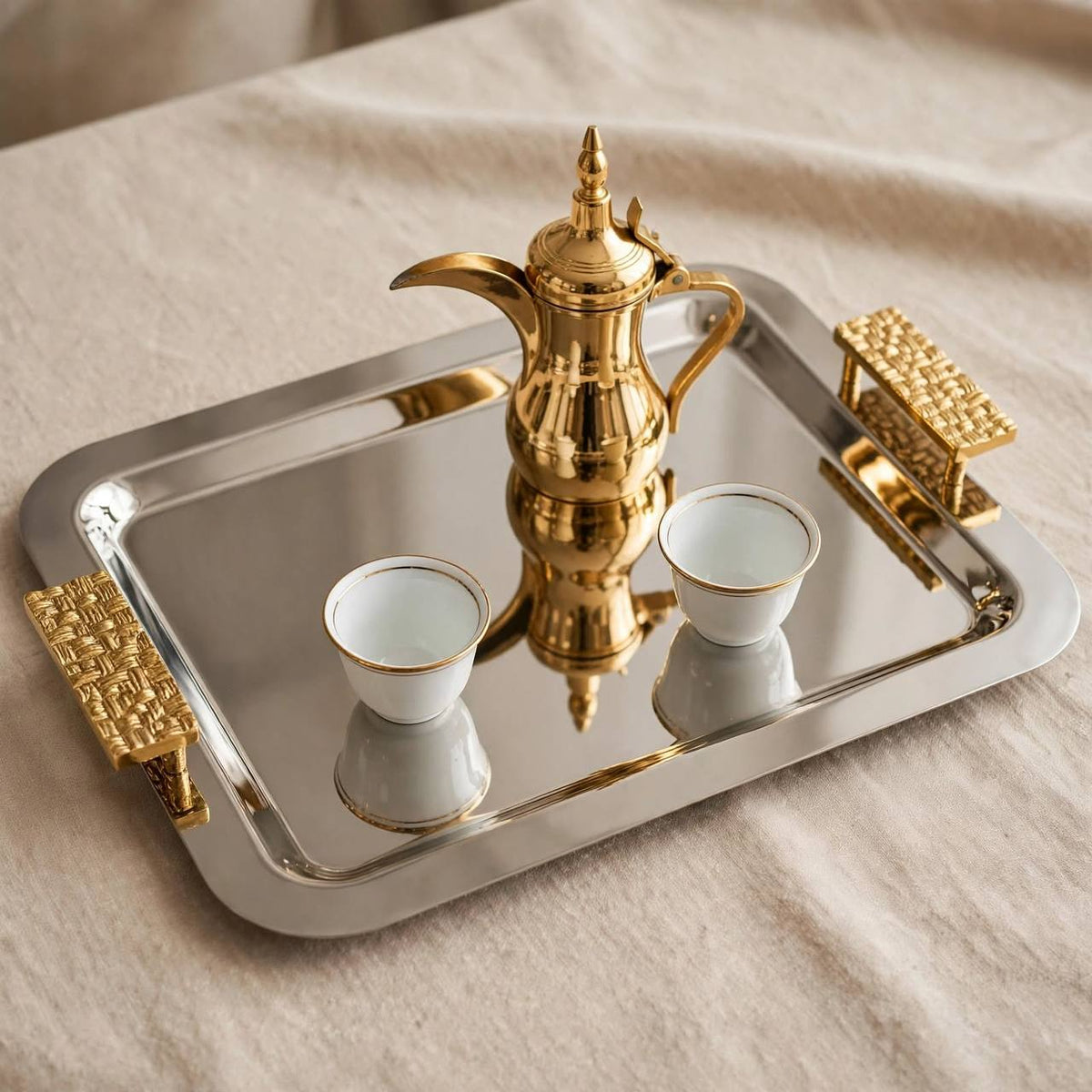 Modern Dual-Tone Stainless Steel Serving Platter with Textured Gold Handles – 51 × 32 cm