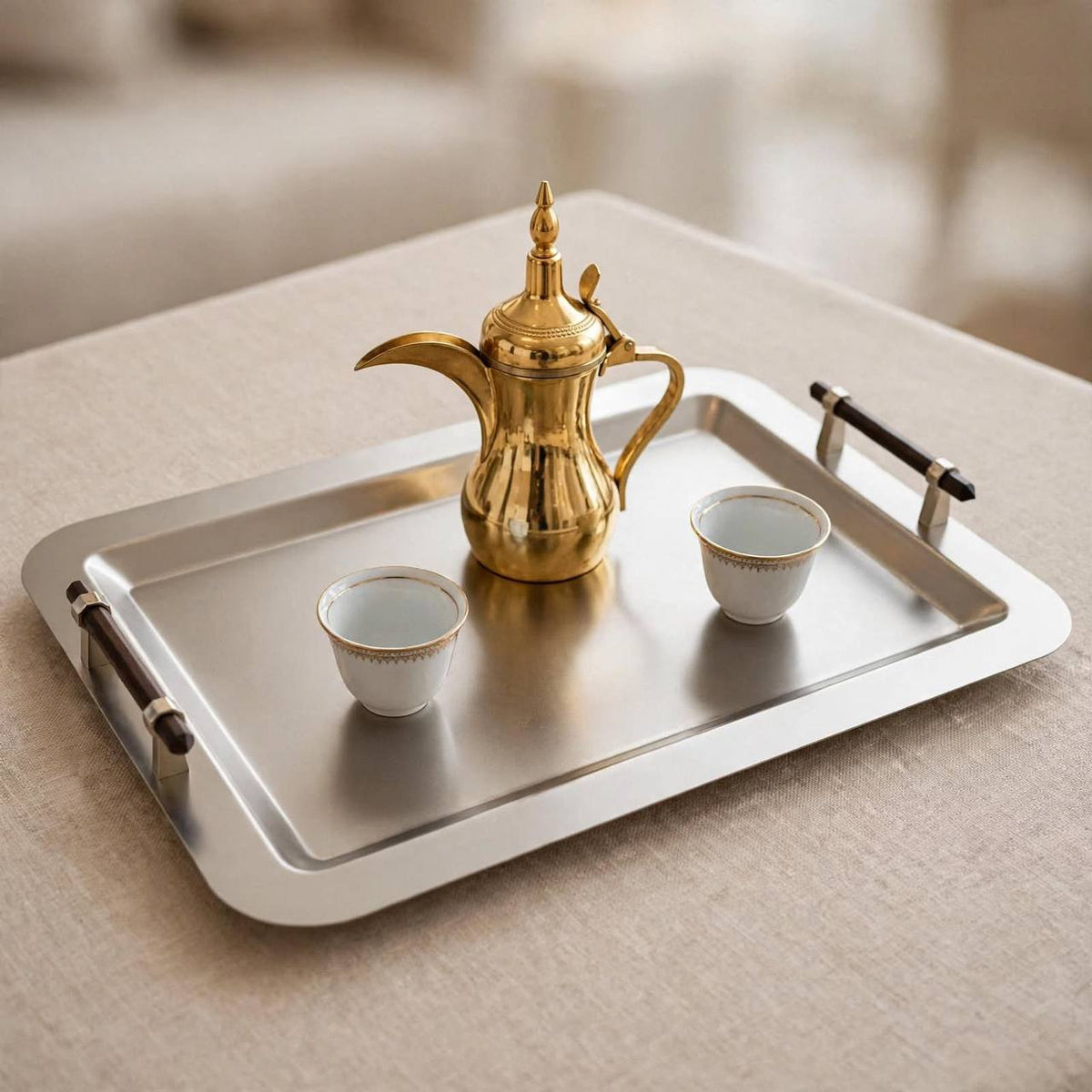 Modern Matte Brushed Silver Stainless Steel Serving Platter with Wooden Bar Handles – 50 × 35 cm