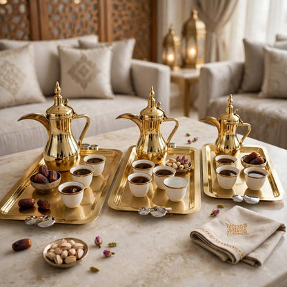 Royal Dual-Tone Gilded Stainless Steel 3-Piece Serving Tray Set with Modern Silver Disc Handles
