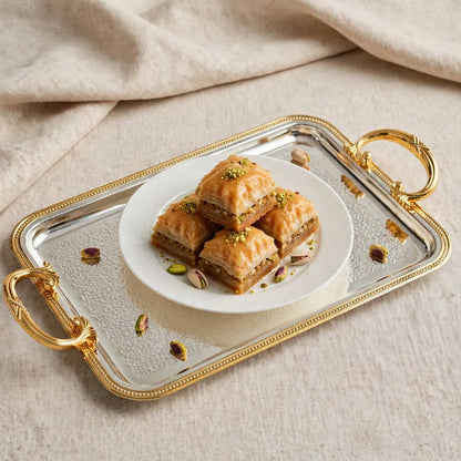 Royal Dual-Tone Stainless Steel Serving Platter with Hammered Base & Gilded Beaded Rim