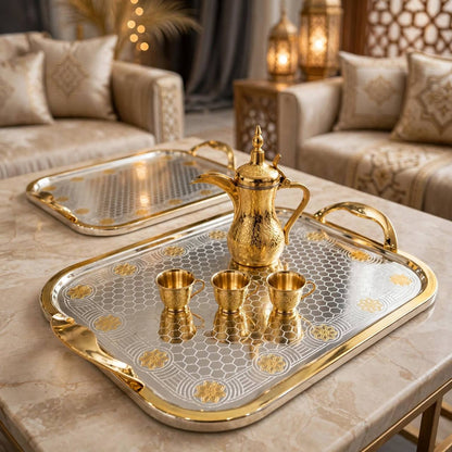 Royal Dual-Tone Stainless Steel 2-Piece Serving Tray Set with Honeycomb Pattern, Golden Floral Accents & Integrated Handles