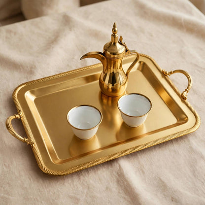 Royal Gilded Stainless Steel Serving Platter with Braided Rope Rim & Baroque Handles
