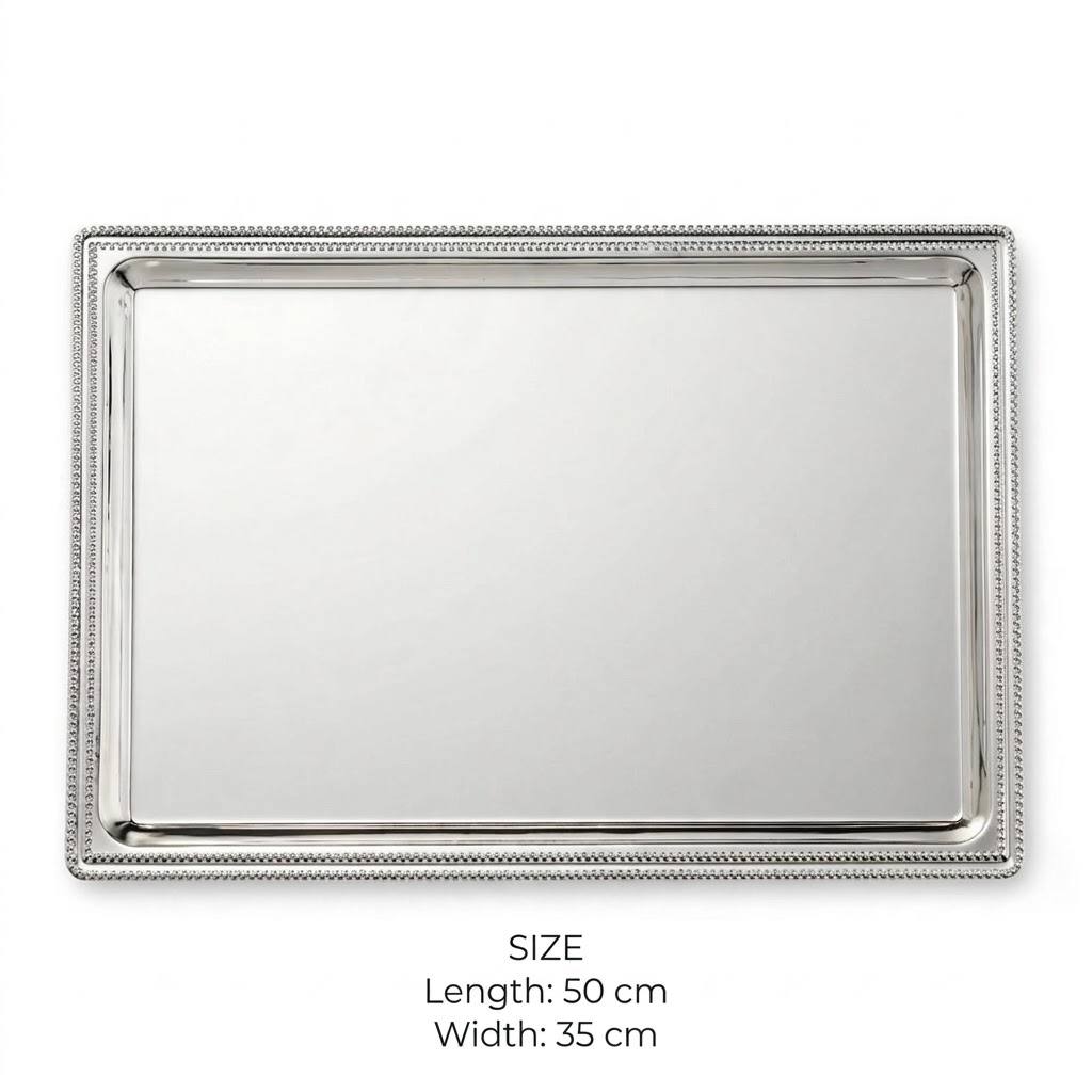 Classic All-Silver Stainless Steel Rectangular Serving Tray with Beaded Pearl Rim – 50 × 35 cm