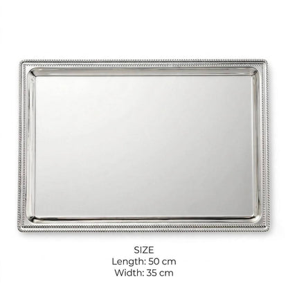 Classic All-Silver Stainless Steel Rectangular Serving Tray with Beaded Pearl Rim – 50 × 35 cm