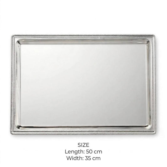 Classic All-Silver Stainless Steel Rectangular Serving Tray with Beaded Pearl Rim – 50 × 35 cm
