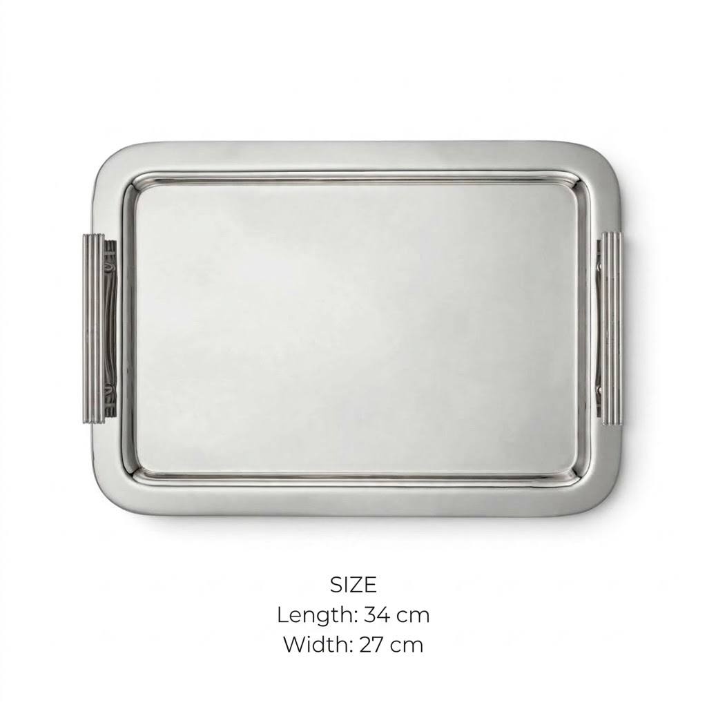 Modern Mirror Chrome Stainless Steel Serving Tray with Fluted Side Handles – 34 × 27 cm