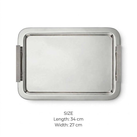 Modern Mirror Chrome Stainless Steel Serving Tray with Fluted Side Handles – 34 × 27 cm